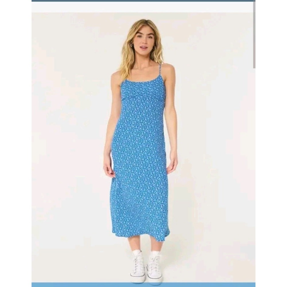 Hollister Crepe Slip Midi Dress Blue White Ditsy Floral Open Back M Slip Dress